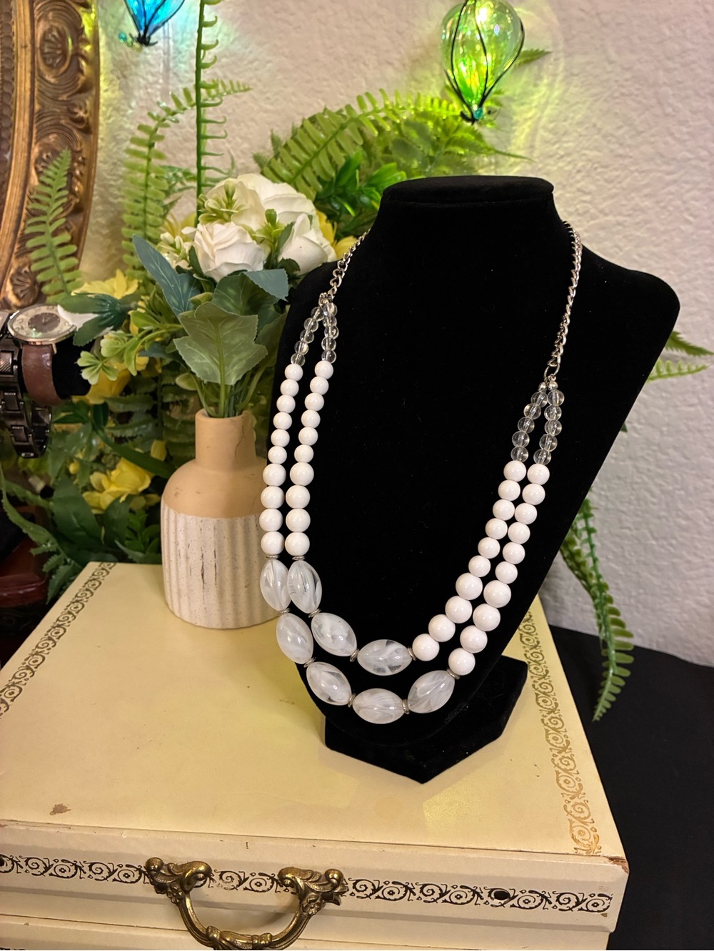 White Bead Double Strand Statement Necklace